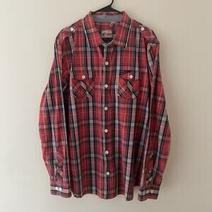 LRG Red Plaid Button Up Cotton Shirt L Y2K Skater Grunge Streetwear Layer